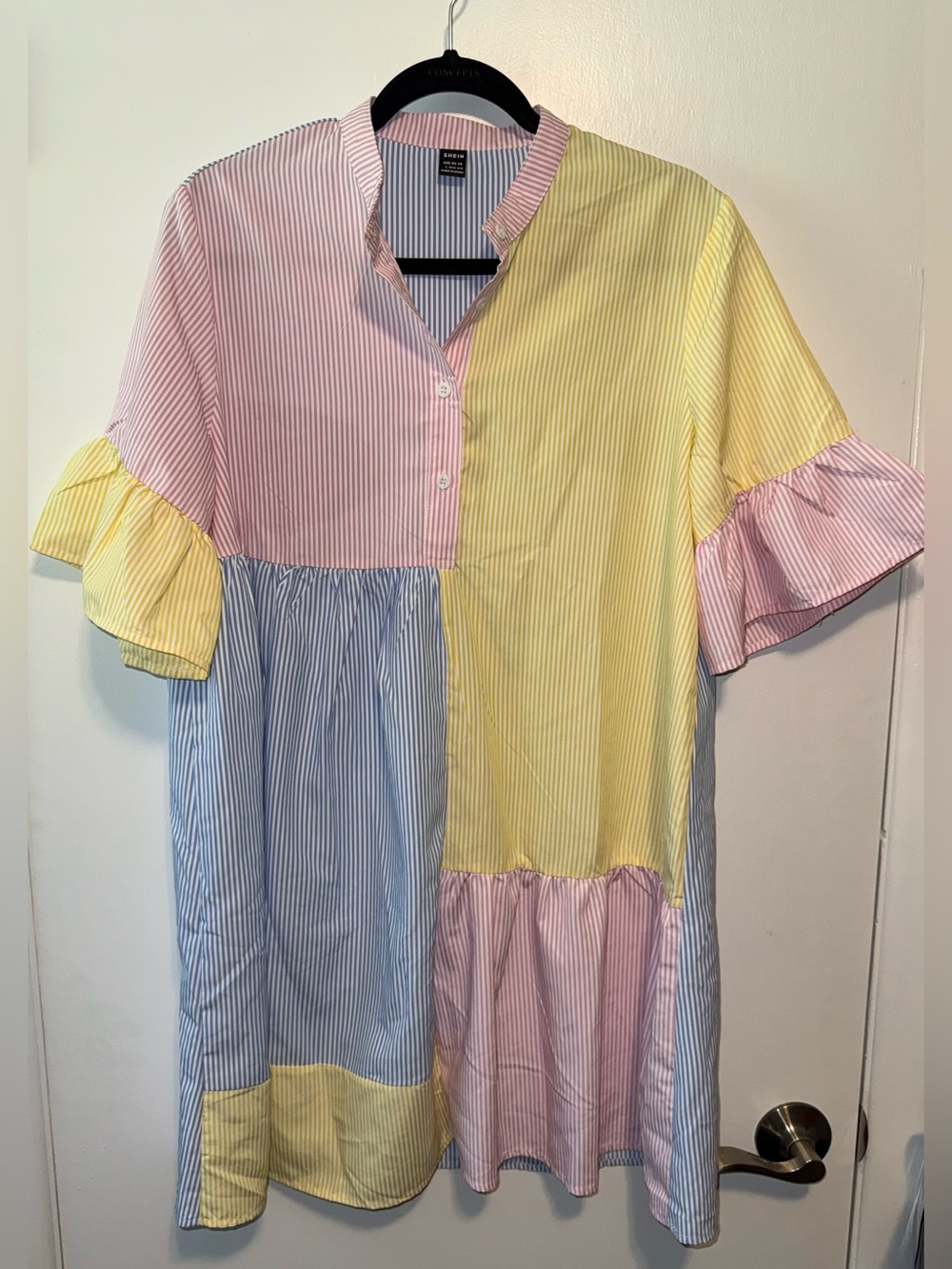 SHEIN Pastel PinStripe Colorblock Striped Tiered Shirt Dress